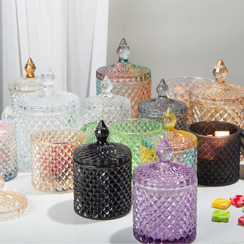 Beautiful handmade glass cu. candle jars with intricate diamond patterns in various colors. Perfect.