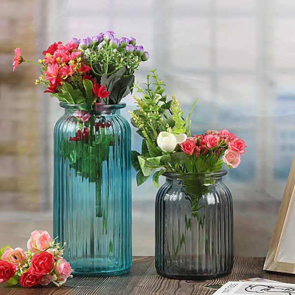 Blue Ribbed Glass Vases